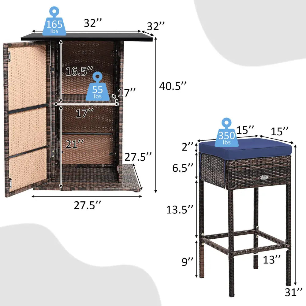 5 Pieces Patio Rattan Bar Table Stool Set Hidden Storage Shelf Cushioned-Navy - Navy - Patio Bar Furniture