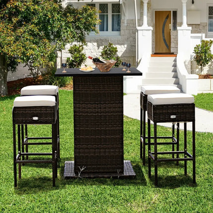 5 Pieces Patio Rattan Bar Table Stool Set Hidden Storage Shelf Cushioned-White - White - Patio Bar Furniture