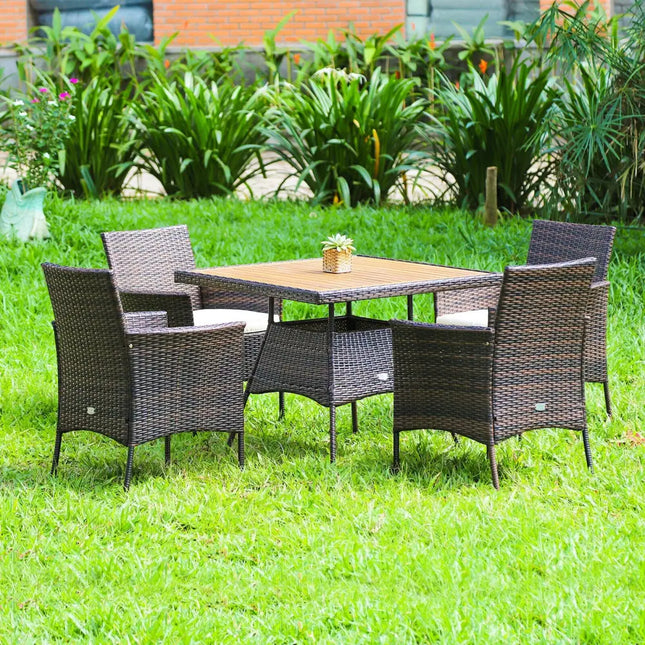 5 Pieces Patio Rattan Dining Furniture Set with Arm Chair and Wooden Table Top - Brown - Patio Dining Sets