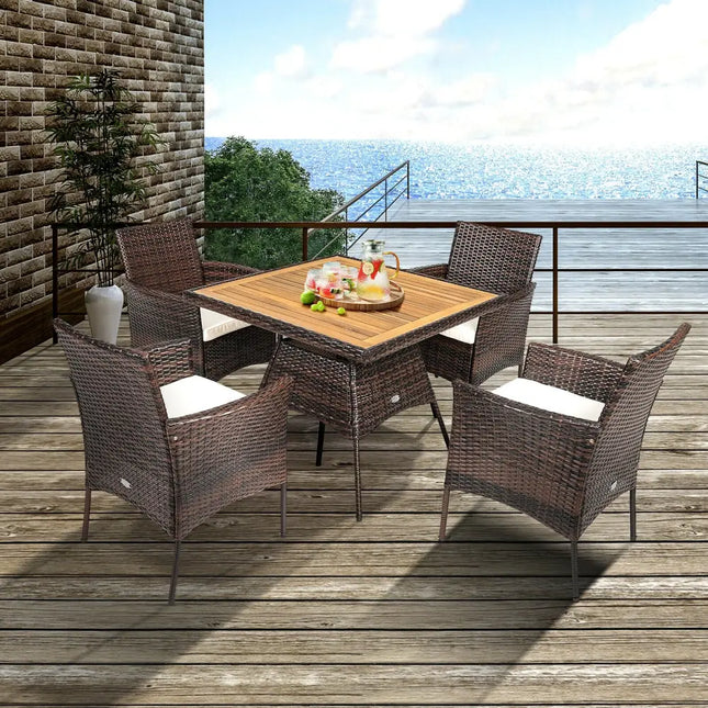 5 Pieces Patio Rattan Dining Furniture Set with Arm Chair and Wooden Table Top - Brown - Patio Dining Sets