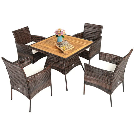 5 Pieces Patio Rattan Dining Furniture Set with Arm Chair and Wooden Table Top - Brown - Patio Dining Sets