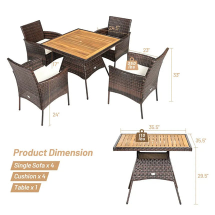 5 Pieces Patio Rattan Dining Furniture Set with Arm Chair and Wooden Table Top - Brown - Patio Dining Sets