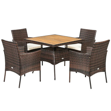 5 Pieces Patio Rattan Dining Furniture Set with Arm Chair and Wooden Table Top - Brown - Patio Dining Sets
