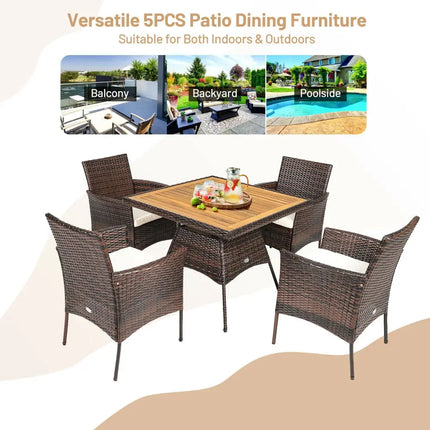 5 Pieces Patio Rattan Dining Furniture Set with Arm Chair and Wooden Table Top - Brown - Patio Dining Sets
