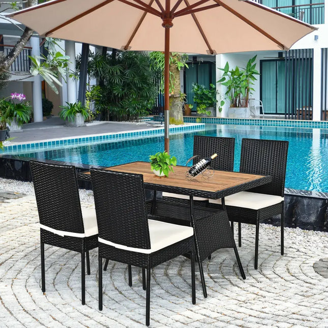 5 Pieces Patio Rattan Dining Set Table with Wooden Top - White - Patio Dining Sets
