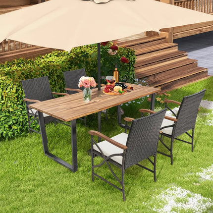 5 Pieces Patio Rattan Dining Set with Acacia Wood Tabletop and Armrests - Multicolor - Patio Dining Sets