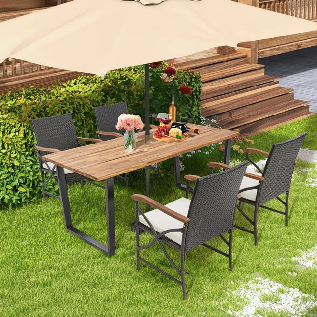 5 Pieces Patio Rattan Dining Set with Acacia Wood Tabletop and Armrests - Multicolor - Patio Dining Sets