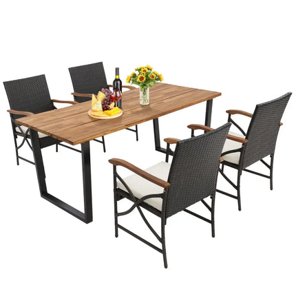 5 Pieces Patio Rattan Dining Set with Acacia Wood Tabletop and Armrests - Multicolor - Patio Dining Sets