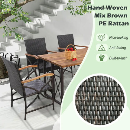 5 Pieces Patio Rattan Dining Set with Acacia Wood Tabletop and Armrests - Multicolor - Patio Dining Sets