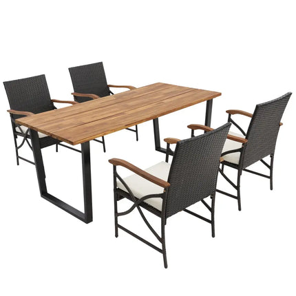 5 Pieces Patio Rattan Dining Set with Acacia Wood Tabletop and Armrests - Multicolor - Patio Dining Sets