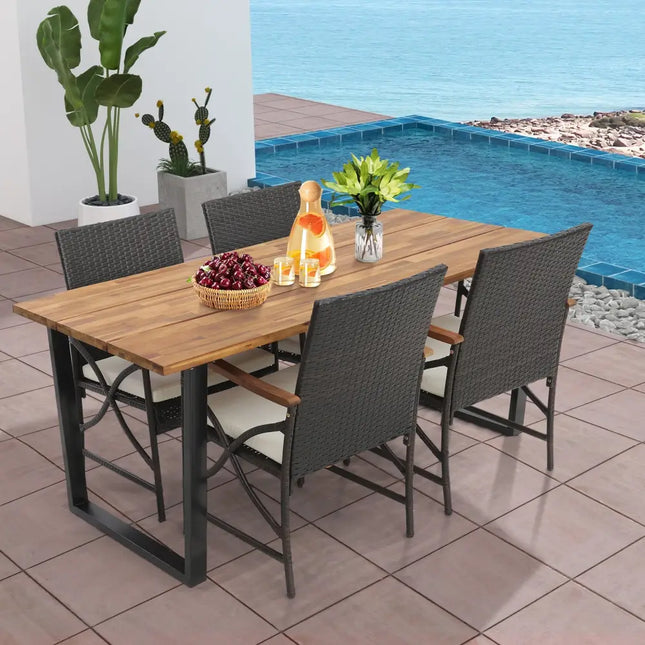 5 Pieces Patio Rattan Dining Set with Acacia Wood Tabletop and Armrests - Multicolor - Patio Dining Sets