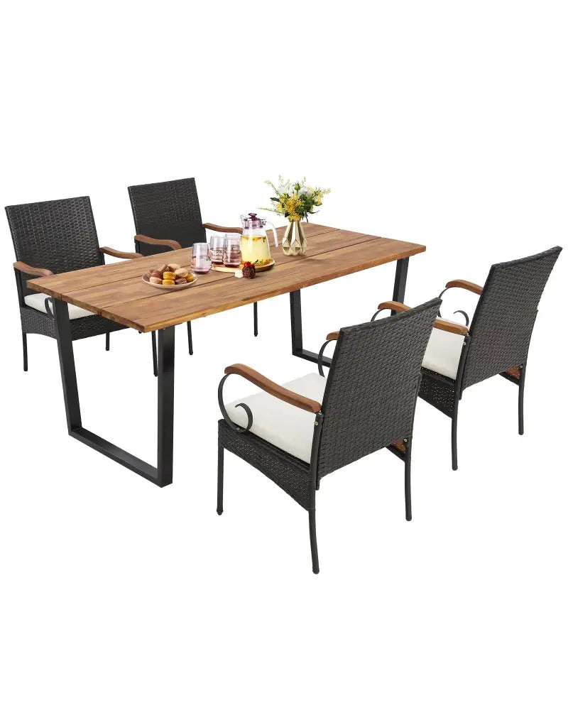 5 Pieces Patio Rattan Dining Set with Umbrella Hole for Poolside Backyard - Multicolor - Patio Dining Sets