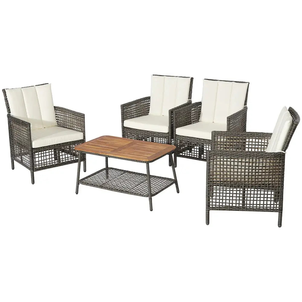 5 Pieces Patio Rattan Furniture Set Cushioned Sofa Armrest Wooden Tabletop-Off White - Off White - Patio Conversation