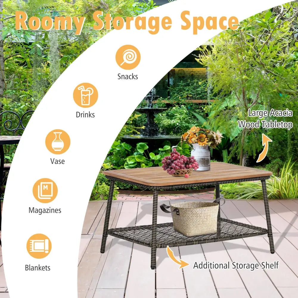 5 Pieces Patio Rattan Furniture Set Cushioned Sofa Armrest Wooden Tabletop-Off White - Off White - Patio Conversation