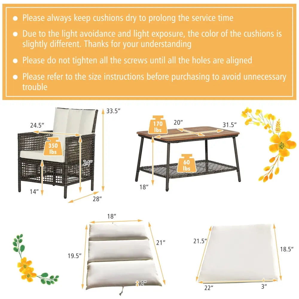 5 Pieces Patio Rattan Furniture Set Cushioned Sofa Armrest Wooden Tabletop-Off White - Off White - Patio Conversation