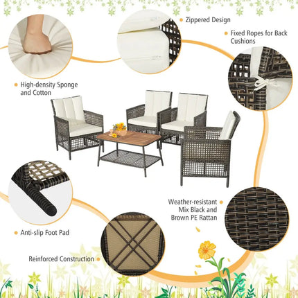 5 Pieces Patio Rattan Furniture Set Cushioned Sofa Armrest Wooden Tabletop-Off White - Off White - Patio Conversation