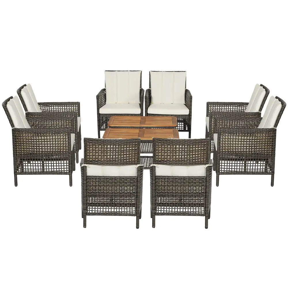 5 Pieces Patio Rattan Furniture Set Cushioned Sofa Armrest Wooden Tabletop-Off White - Off White - Patio Conversation