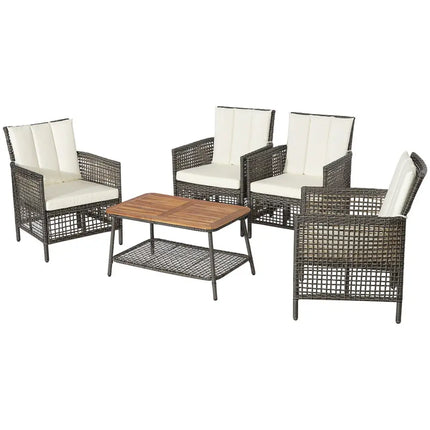 5 Pieces Patio Rattan Furniture Set Cushioned Sofa Armrest Wooden Tabletop-Off White - Off White - Patio Conversation