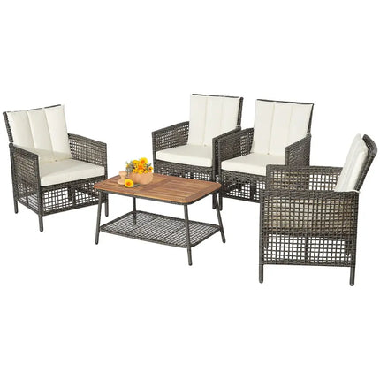 5 Pieces Patio Rattan Furniture Set Cushioned Sofa Armrest Wooden Tabletop-Off White - Off White - Patio Conversation