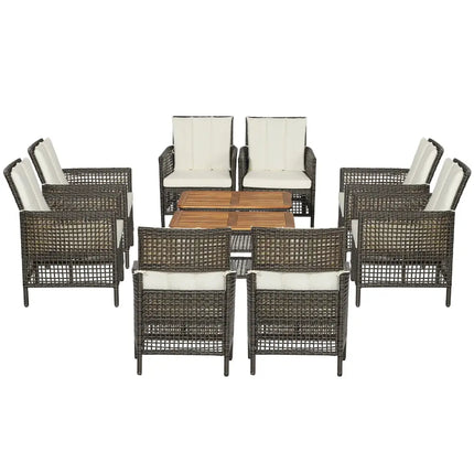 5 Pieces Patio Rattan Furniture Set Cushioned Sofa Armrest Wooden Tabletop-Off White - Off White - Patio Conversation