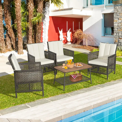 5 Pieces Patio Rattan Furniture Set Cushioned Sofa Armrest Wooden Tabletop-Off White - Off White - Patio Conversation