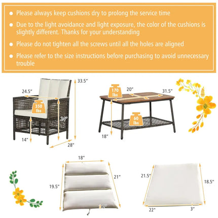 5 Pieces Patio Rattan Furniture Set Cushioned Sofa Armrest Wooden Tabletop-Off White - Off White - Patio Conversation