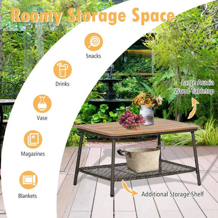 5 Pieces Patio Rattan Furniture Set Cushioned Sofa Armrest Wooden Tabletop-Off White - Off White - Patio Conversation