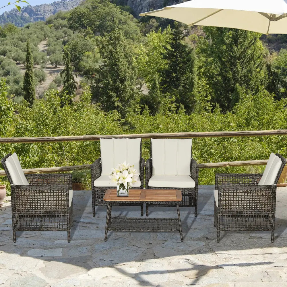5 Pieces Patio Rattan Furniture Set Cushioned Sofa Armrest Wooden Tabletop-Off White - Off White - Patio Conversation