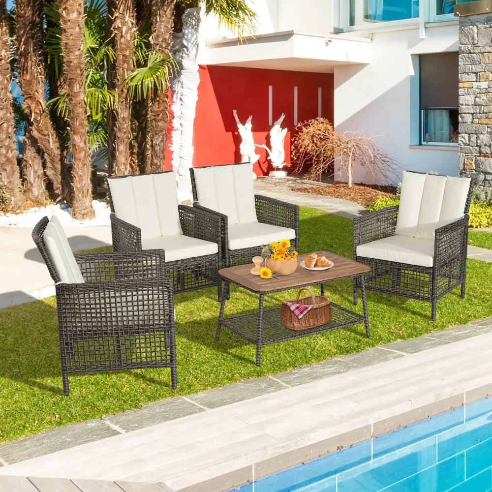 5 Pieces Patio Rattan Furniture Set Cushioned Sofa Armrest Wooden Tabletop-Off White - Off White - Patio Conversation