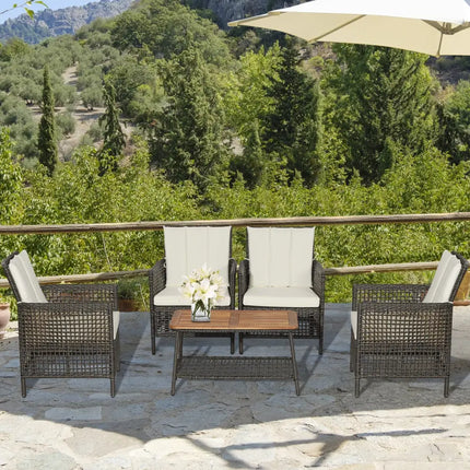 5 Pieces Patio Rattan Furniture Set Cushioned Sofa Armrest Wooden Tabletop-Off White - Off White - Patio Conversation