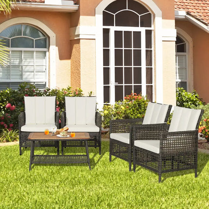 5 Pieces Patio Rattan Furniture Set Cushioned Sofa Armrest Wooden Tabletop-Off White - Off White - Patio Conversation