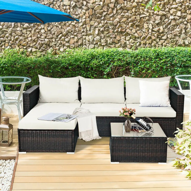 5 Pieces Patio Rattan Furniture Set with Coffee Table-Off White - Off White - Outdoor Sectionals