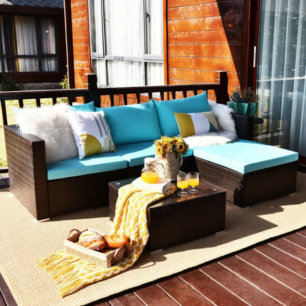5 Pieces Patio Rattan Furniture Set with Coffee Table-Turquoise - Turquoise - Outdoor Sectionals