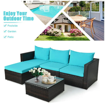 5 Pieces Patio Rattan Furniture Set with Coffee Table-Turquoise - Turquoise - Outdoor Sectionals