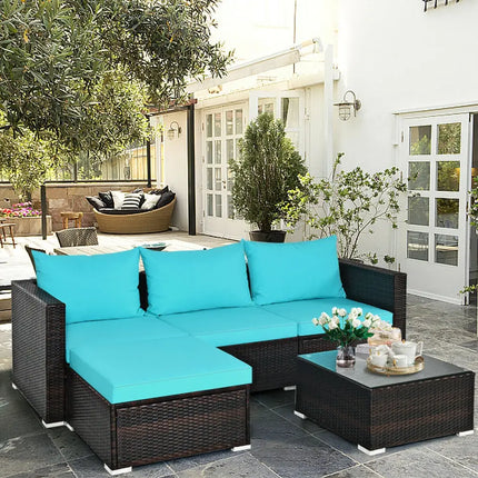 5 Pieces Patio Rattan Furniture Set with Coffee Table-Turquoise - Turquoise - Outdoor Sectionals