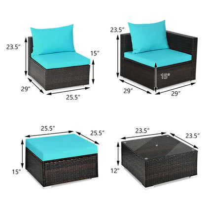 5 Pieces Patio Rattan Furniture Set with Coffee Table-Turquoise - Turquoise - Outdoor Sectionals