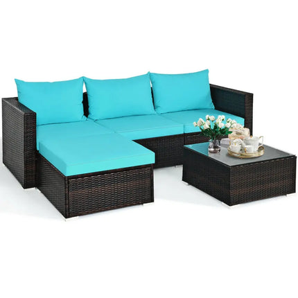 5 Pieces Patio Rattan Furniture Set with Coffee Table-Turquoise - Turquoise - Outdoor Sectionals