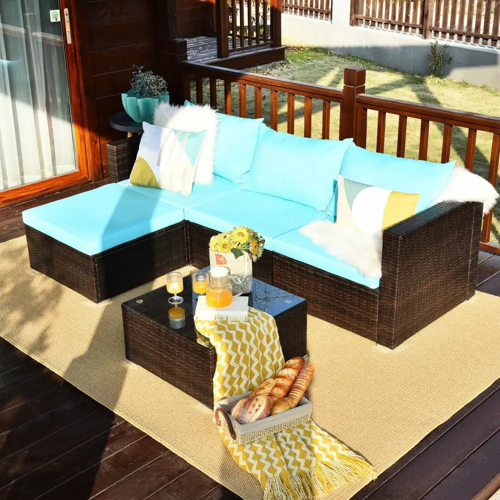 5 Pieces Patio Rattan Furniture Set with Coffee Table-Turquoise - Turquoise - Outdoor Sectionals