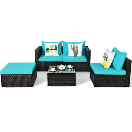 5 Pieces Patio Rattan Furniture Set with Coffee Table-Turquoise - Turquoise - Outdoor Sectionals