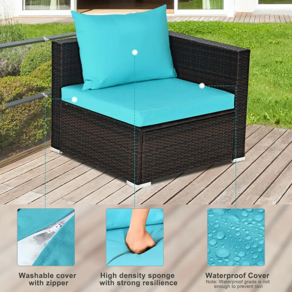 5 Pieces Patio Rattan Furniture Set with Coffee Table-Turquoise - Turquoise - Outdoor Sectionals
