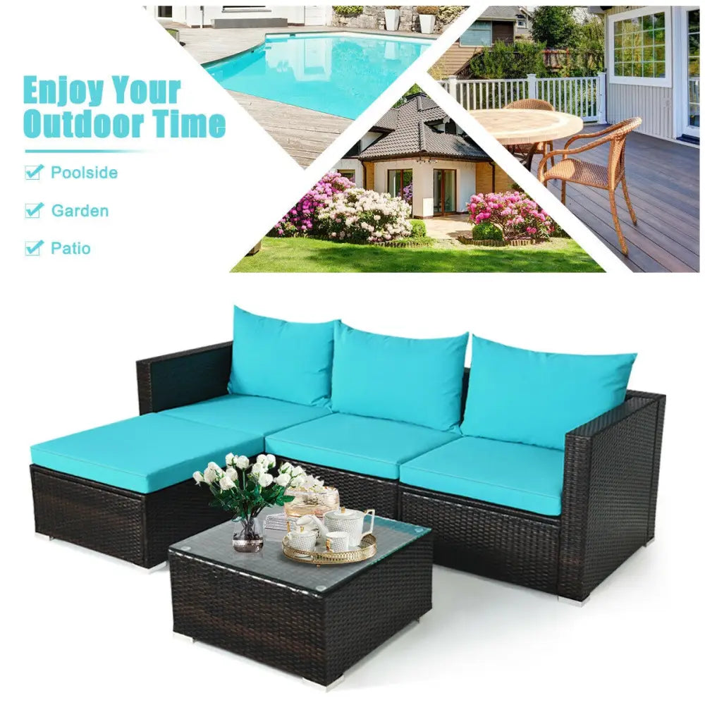 5 Pieces Patio Rattan Furniture Set with Coffee Table-Turquoise - Turquoise - Outdoor Sectionals