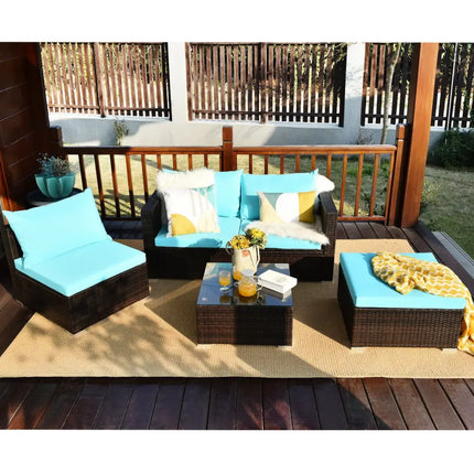 5 Pieces Patio Rattan Furniture Set with Coffee Table-Turquoise - Turquoise - Outdoor Sectionals