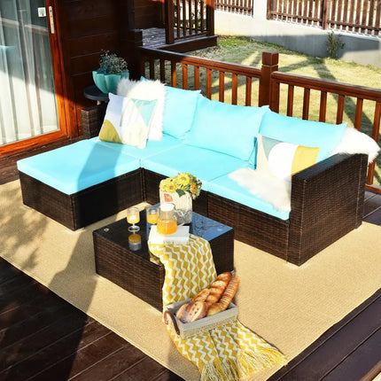 5 Pieces Patio Rattan Furniture Set with Coffee Table-Turquoise - Turquoise - Outdoor Sectionals