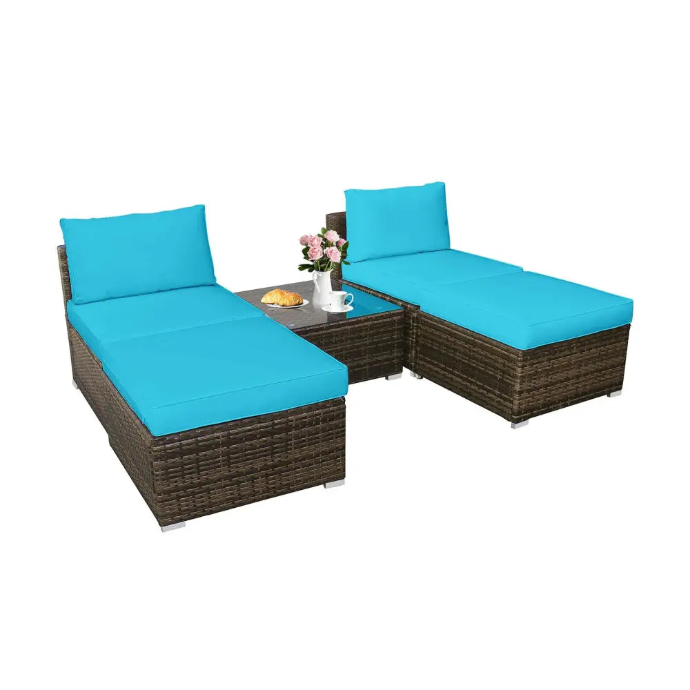 5 Pieces Patio Rattan Furniture Set with Cushioned Armless Sofa-Turquoise - Turquoise - Patio Conversation Sets