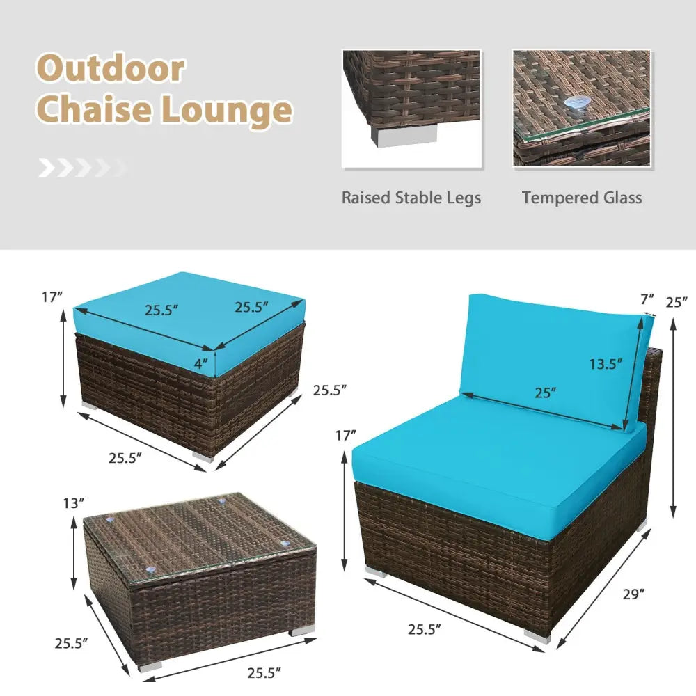 5 Pieces Patio Rattan Furniture Set with Cushioned Armless Sofa-Turquoise - Turquoise - Patio Conversation Sets