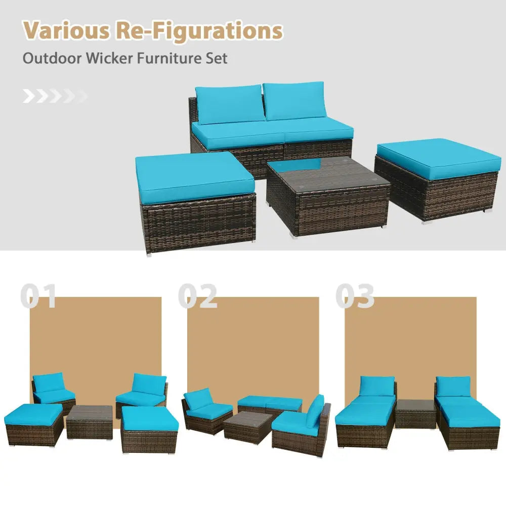 5 Pieces Patio Rattan Furniture Set with Cushioned Armless Sofa-Turquoise - Turquoise - Patio Conversation Sets