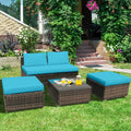5 Pieces Patio Rattan Furniture Set with Cushioned Armless Sofa-Turquoise - Turquoise - Patio Conversation Sets