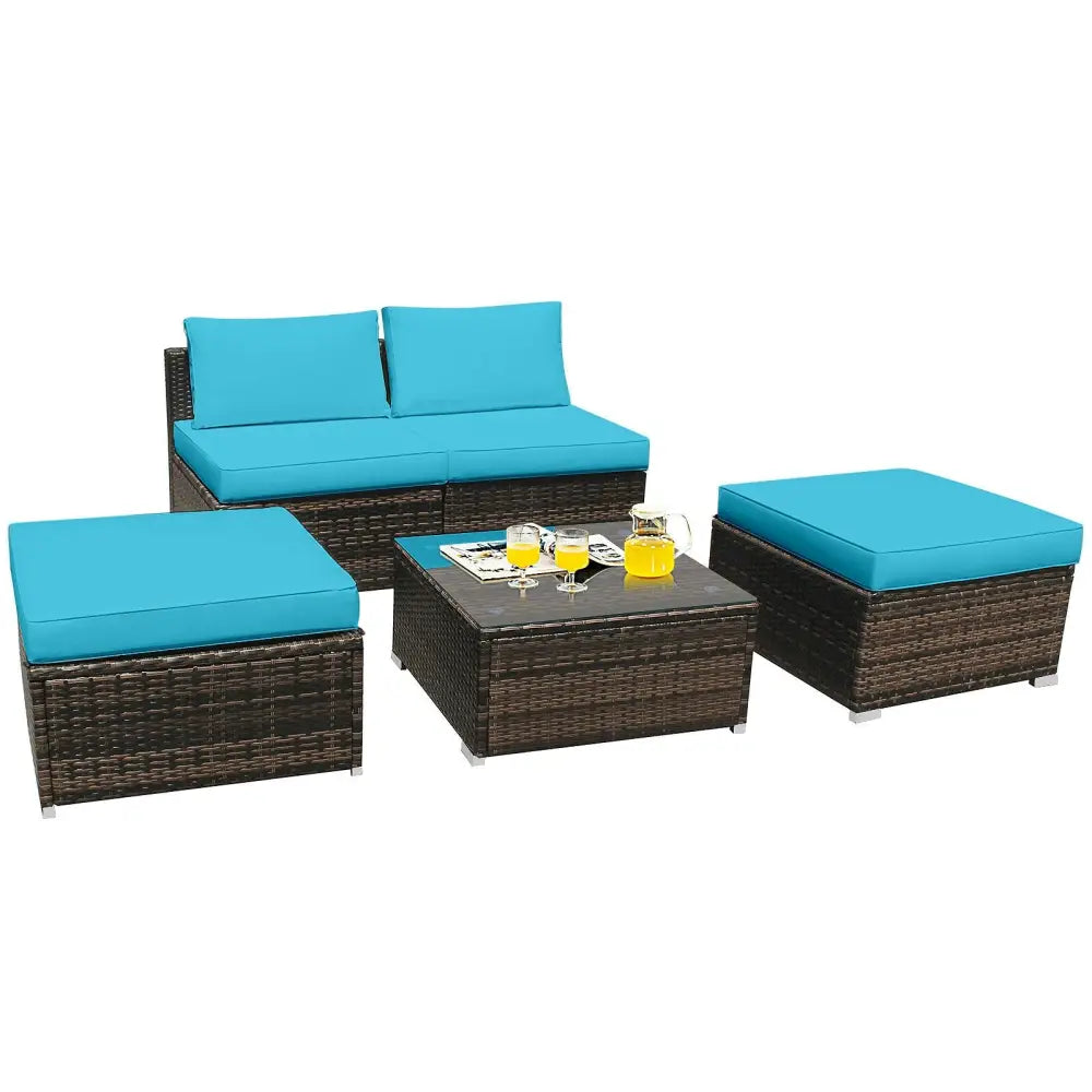 5 Pieces Patio Rattan Furniture Set with Cushioned Armless Sofa-Turquoise - Turquoise - Patio Conversation Sets