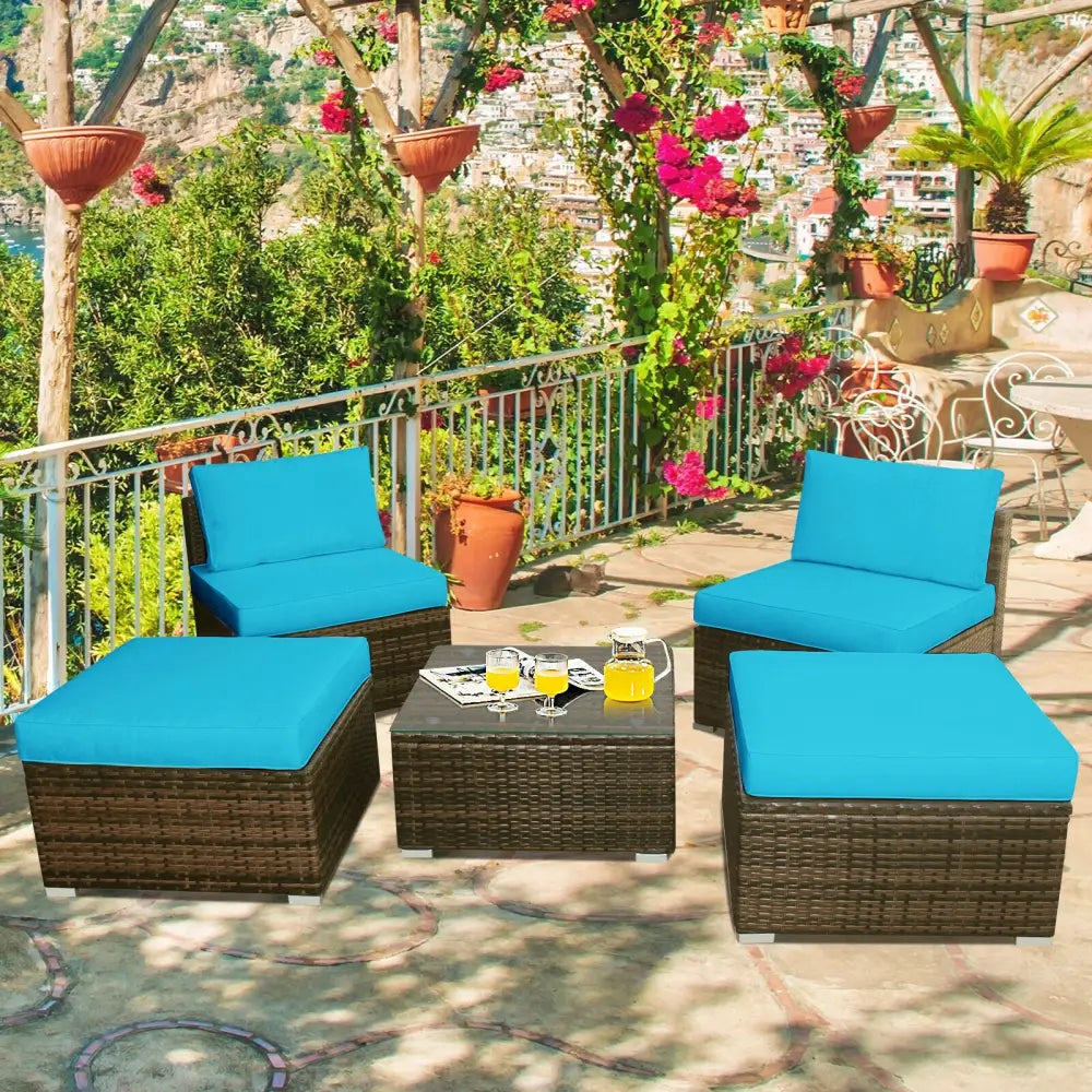 5 Pieces Patio Rattan Furniture Set with Cushioned Armless Sofa-Turquoise - Turquoise - Patio Conversation Sets