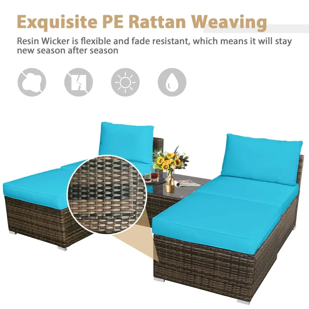 5 Pieces Patio Rattan Furniture Set with Cushioned Armless Sofa-Turquoise - Turquoise - Patio Conversation Sets